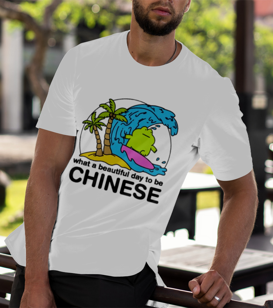 What A Beautiful Day To Be Chinese Surfing Frog With Palm Trees And Waves T-Shirt