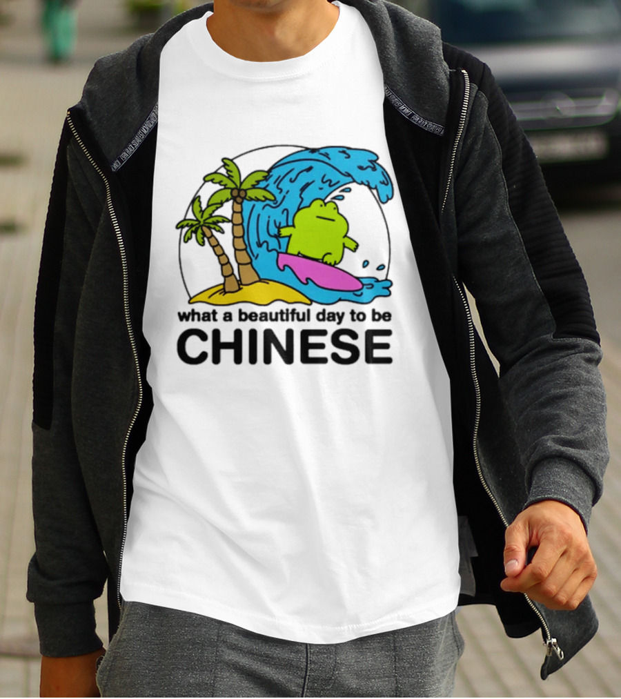 What A Beautiful Day To Be Chinese Surfing Frog With Palm Trees And Waves T-Shirt