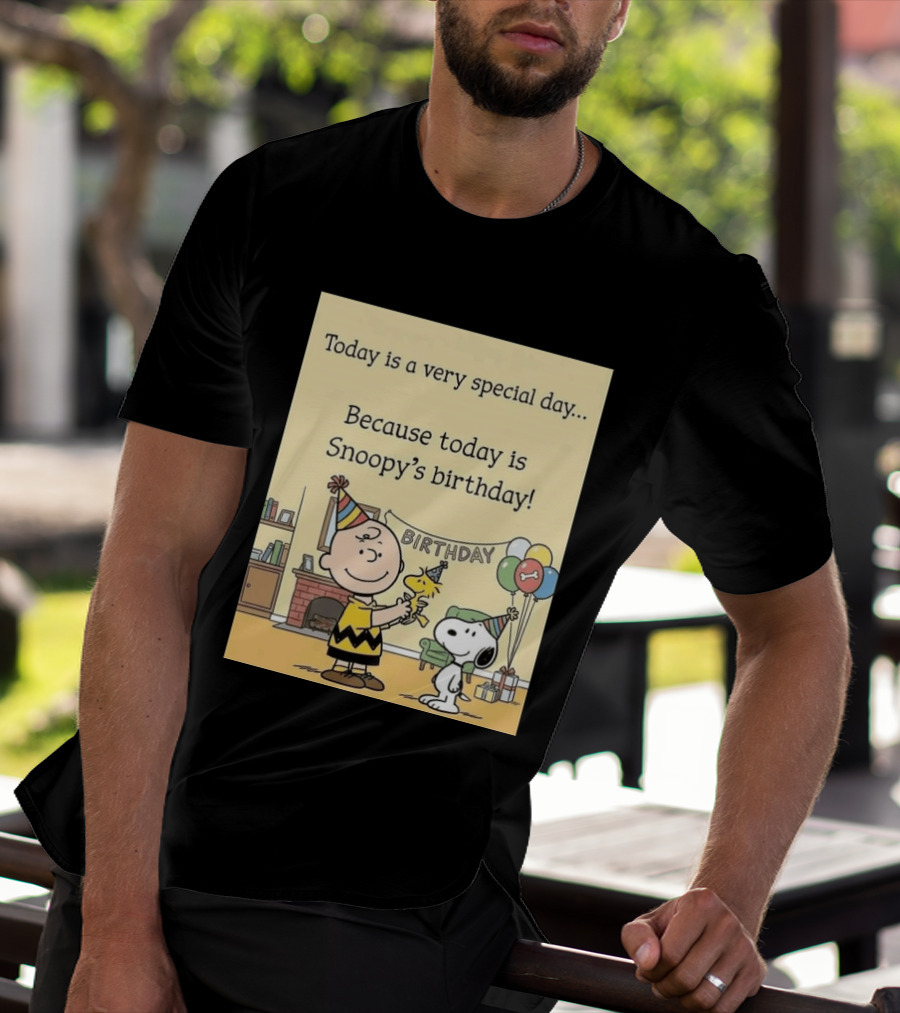 Celebrate Snoopy's Birthday With Charlie Brown And Woodstock In Party Hats And Balloons T-Shirt
