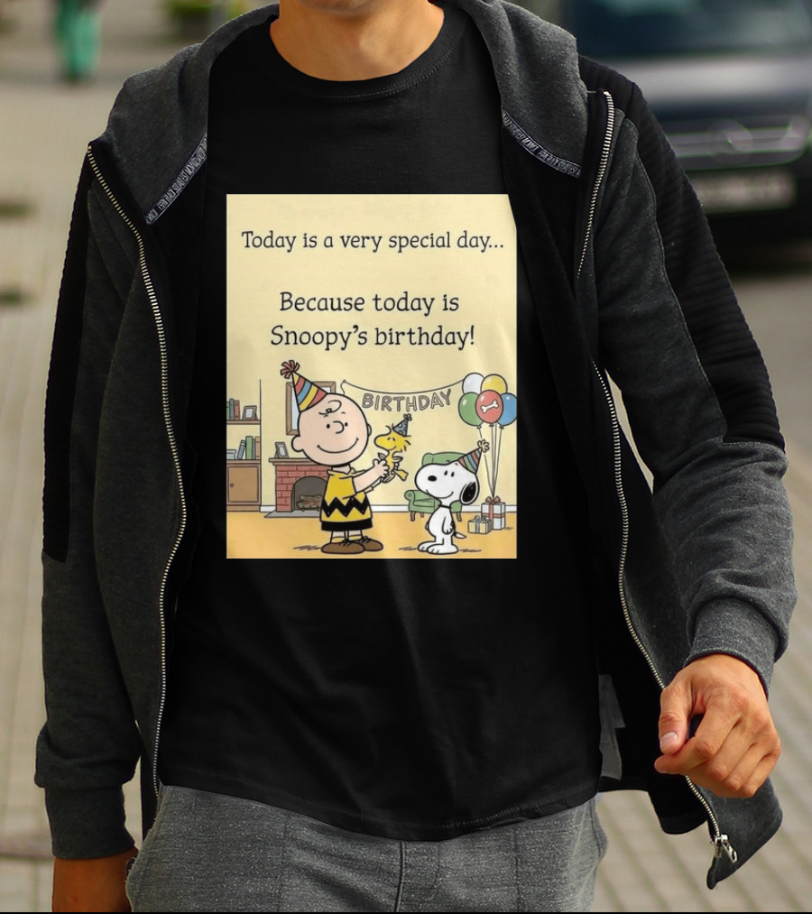 Celebrate Snoopy's Birthday With Charlie Brown And Woodstock In Party Hats And Balloons T-Shirt