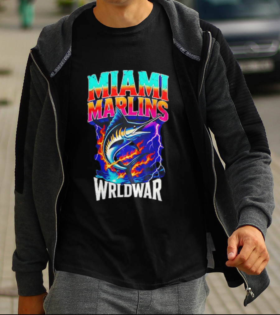 Miami Marlins Wrldwar Lightning Flame Marlin T-Shirt