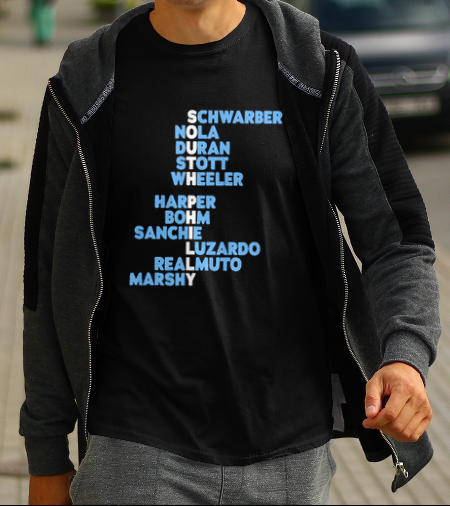 Philadelphia Phillies South Philly Baseball Player Names 2026 Schwaber Nola Duran Stott Wheeler Harper Bohm Sanchez Luzardo Realmuto Marsh T-Shirt