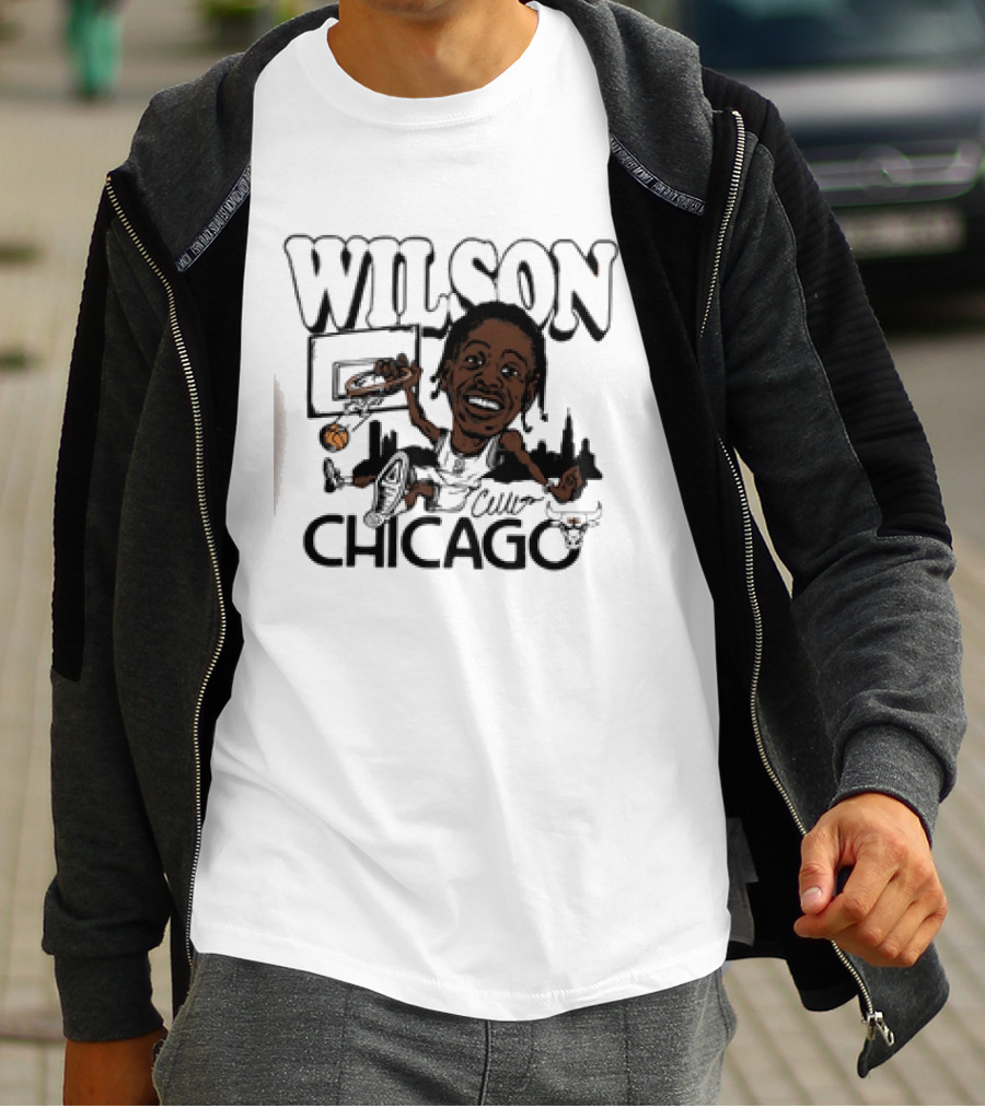 Wilson Dunking Basketball Caricature Chicago Bulls Skyline T-Shirt