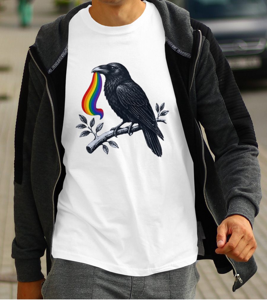 Rainbow Raven Pride Bird Holding Colorful Ribbon On Branch T-Shirt