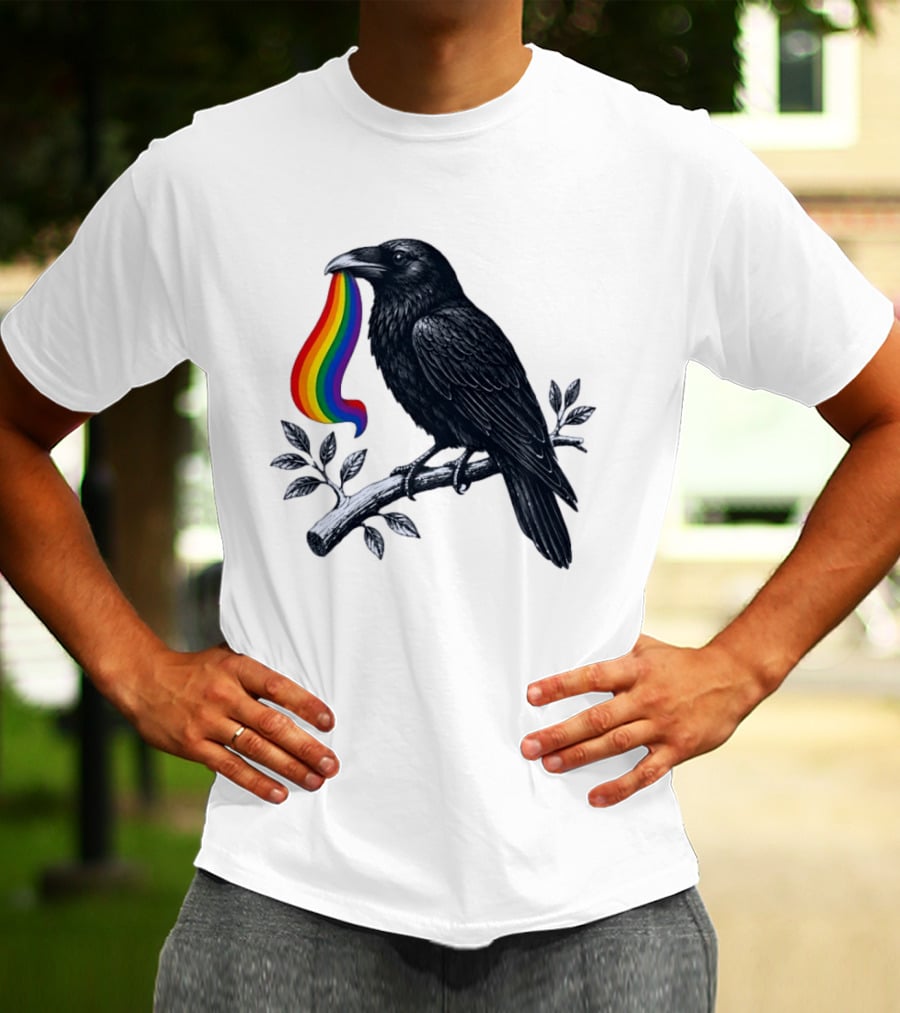 Rainbow Raven Pride Bird Holding Colorful Ribbon On Branch T-Shirt