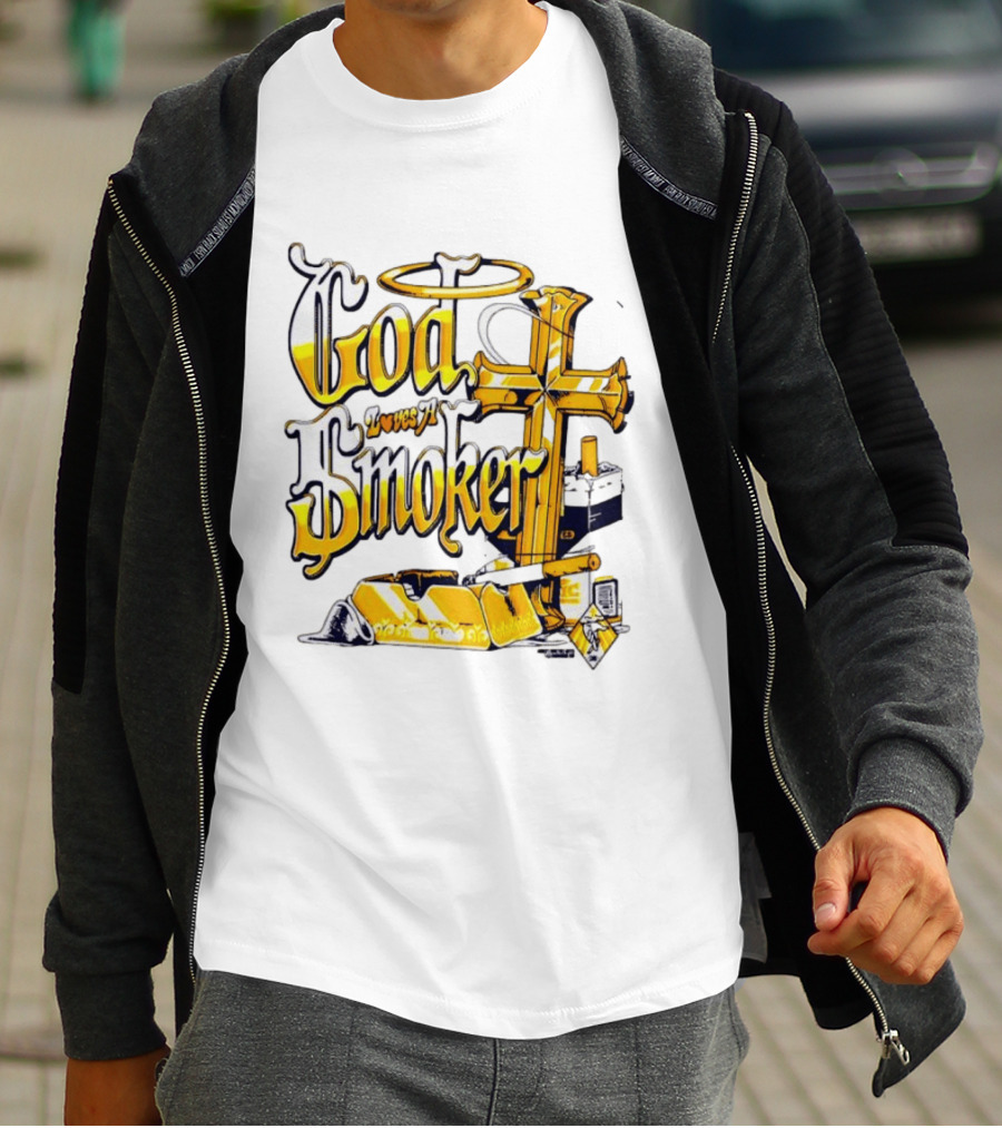 God Loves A Smoker Religious Faith Christian Cross Cigarette Ashtray T-Shirt
