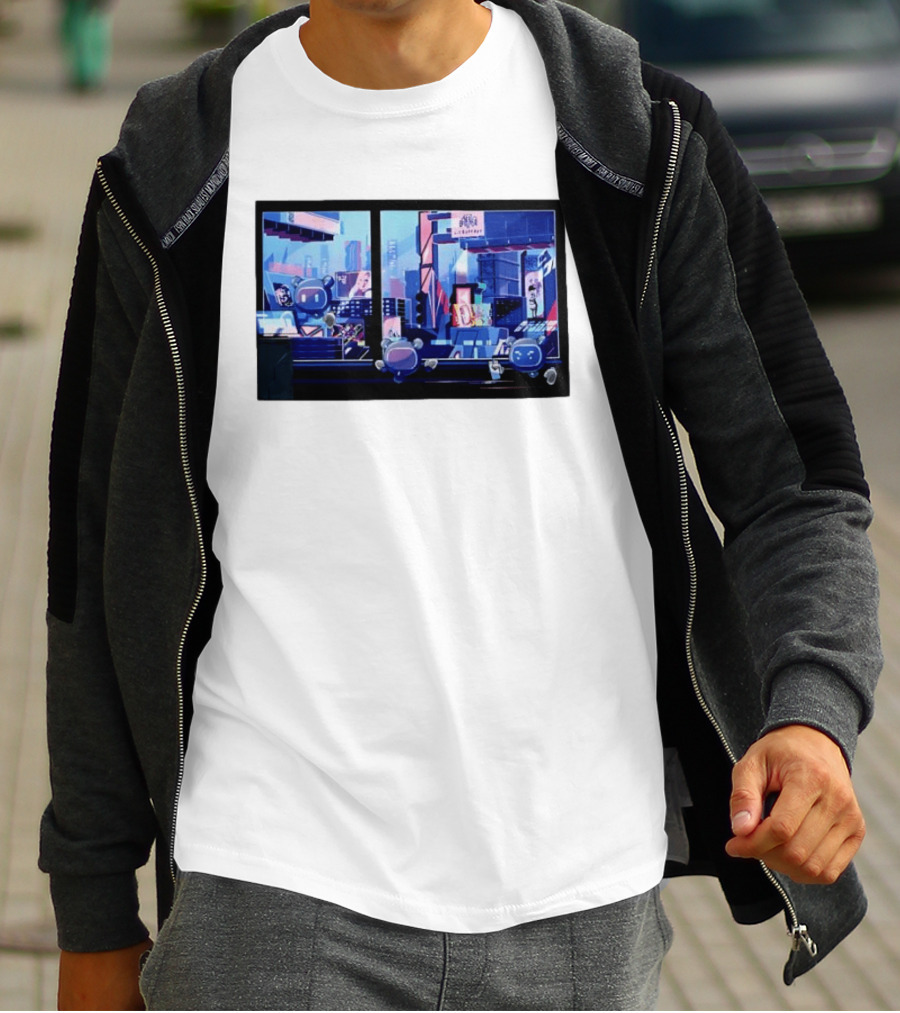 Lit Bot Apts Robots Futuristic City Skyline Pixel T-Shirt