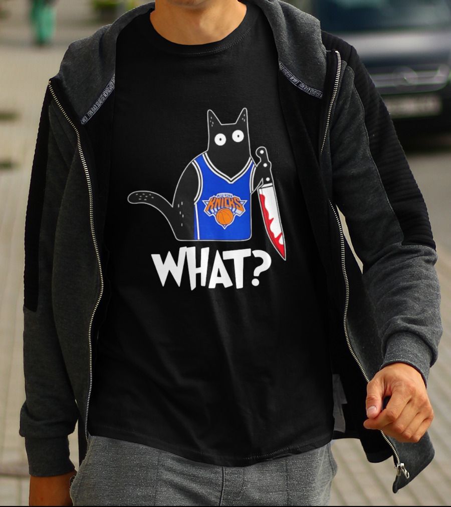 New York Knicks Cat Holding Knife Halloween WHAT T-Shirt