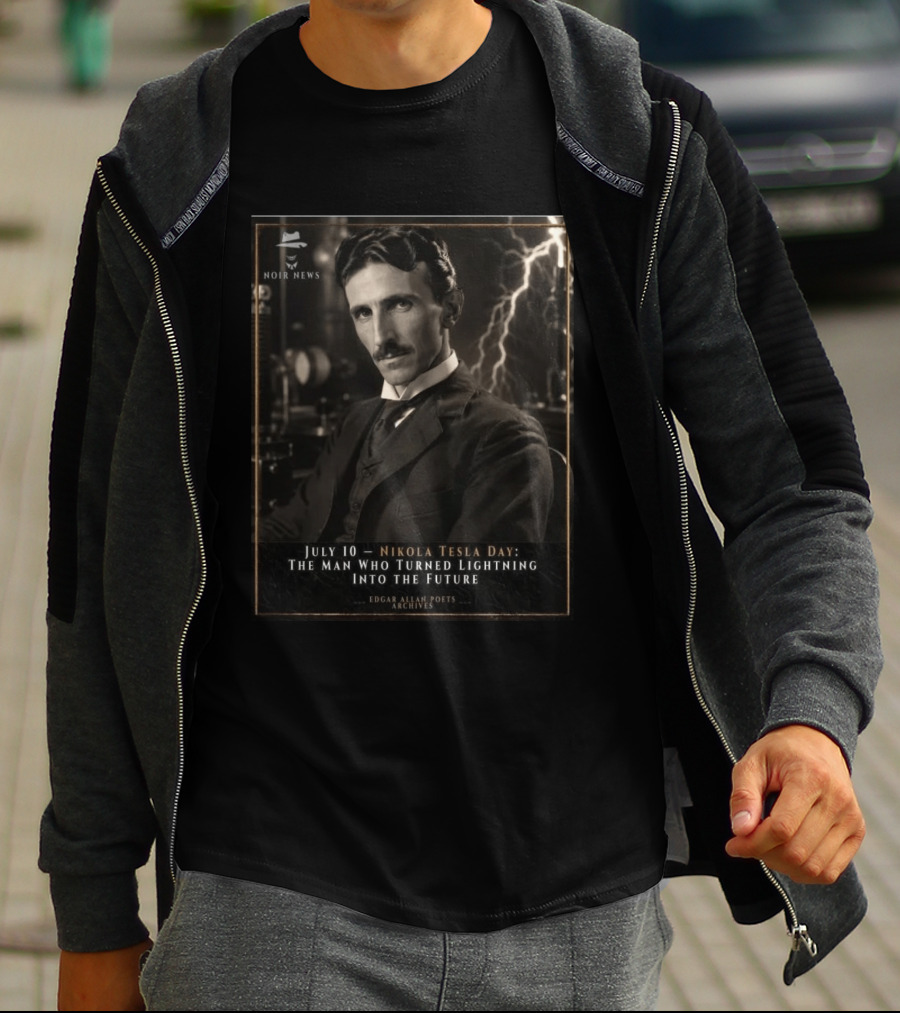 July 10 Nikola Tesla Day The Man Who Turned Lightning Into The Future Noir News Edgar Allan Poets Archives T-Shirt