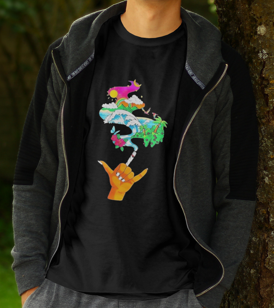 Shaka Hand Gesture With Tropical Island Wave And Colorful Clouds T-Shirt