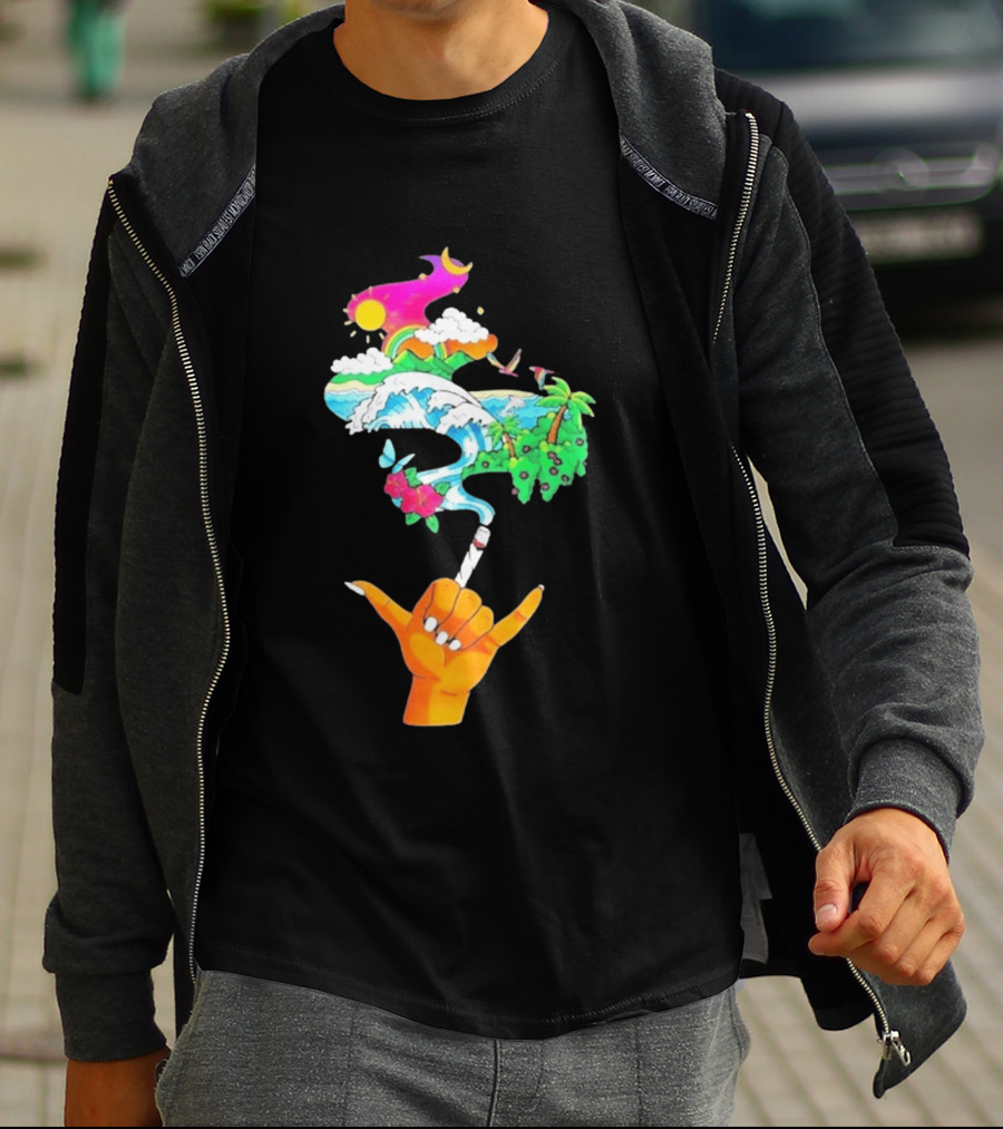 Shaka Hand Gesture With Tropical Island Wave And Colorful Clouds T-Shirt