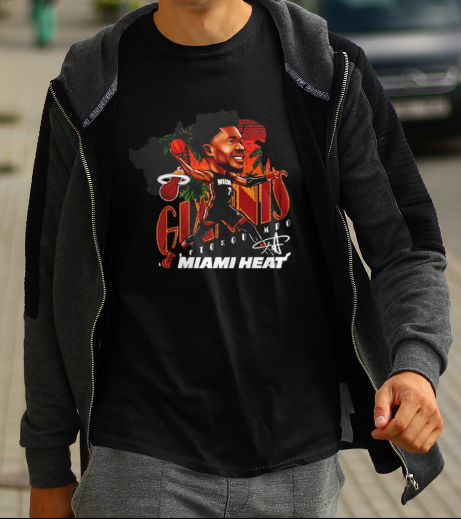 Giannis Antetokounmpo Miami Heat Cartoon Basketball Graphic Palm Trees T-Shirt