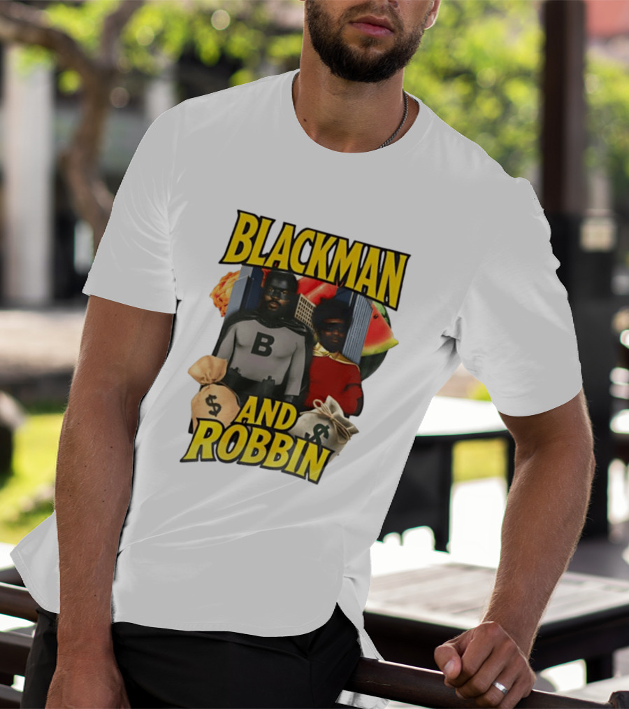Blackman And Robbin Superhero Satire Comedy Money Bags Cityscape T-Shirt