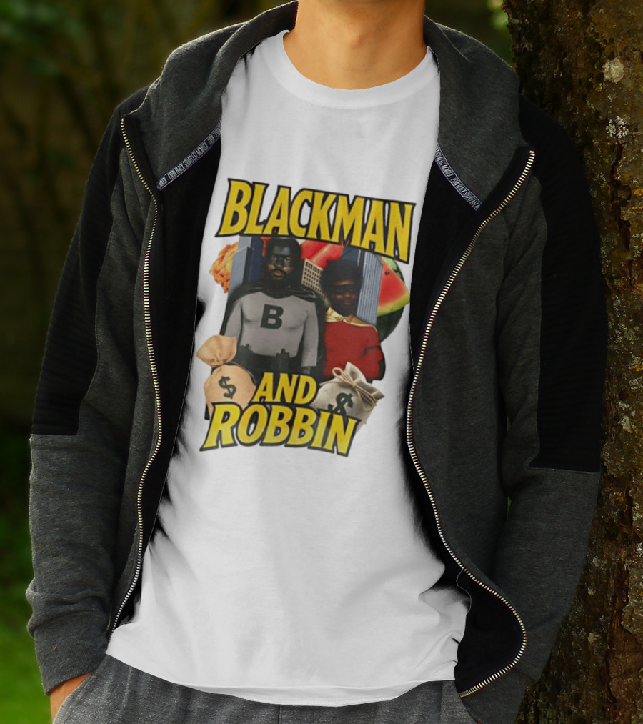 Blackman And Robbin Superhero Satire Comedy Money Bags Cityscape T-Shirt