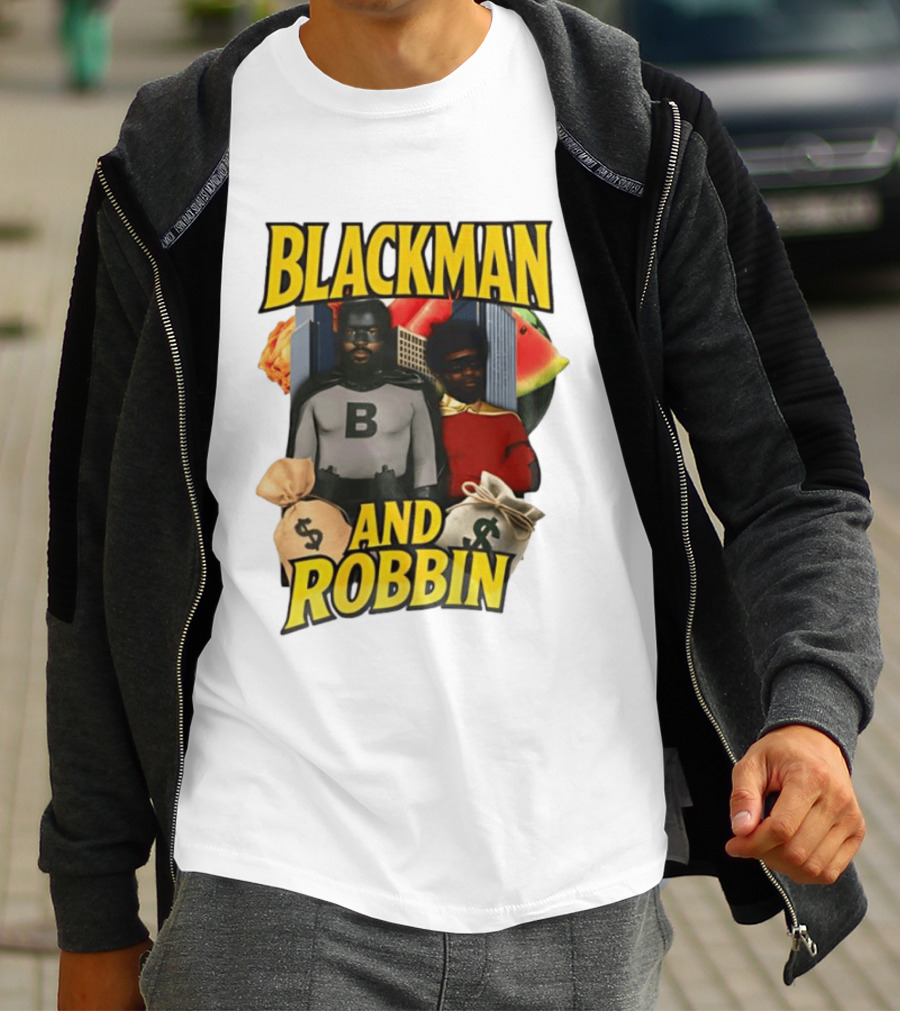 Blackman And Robbin Superhero Satire Comedy Money Bags Cityscape T-Shirt