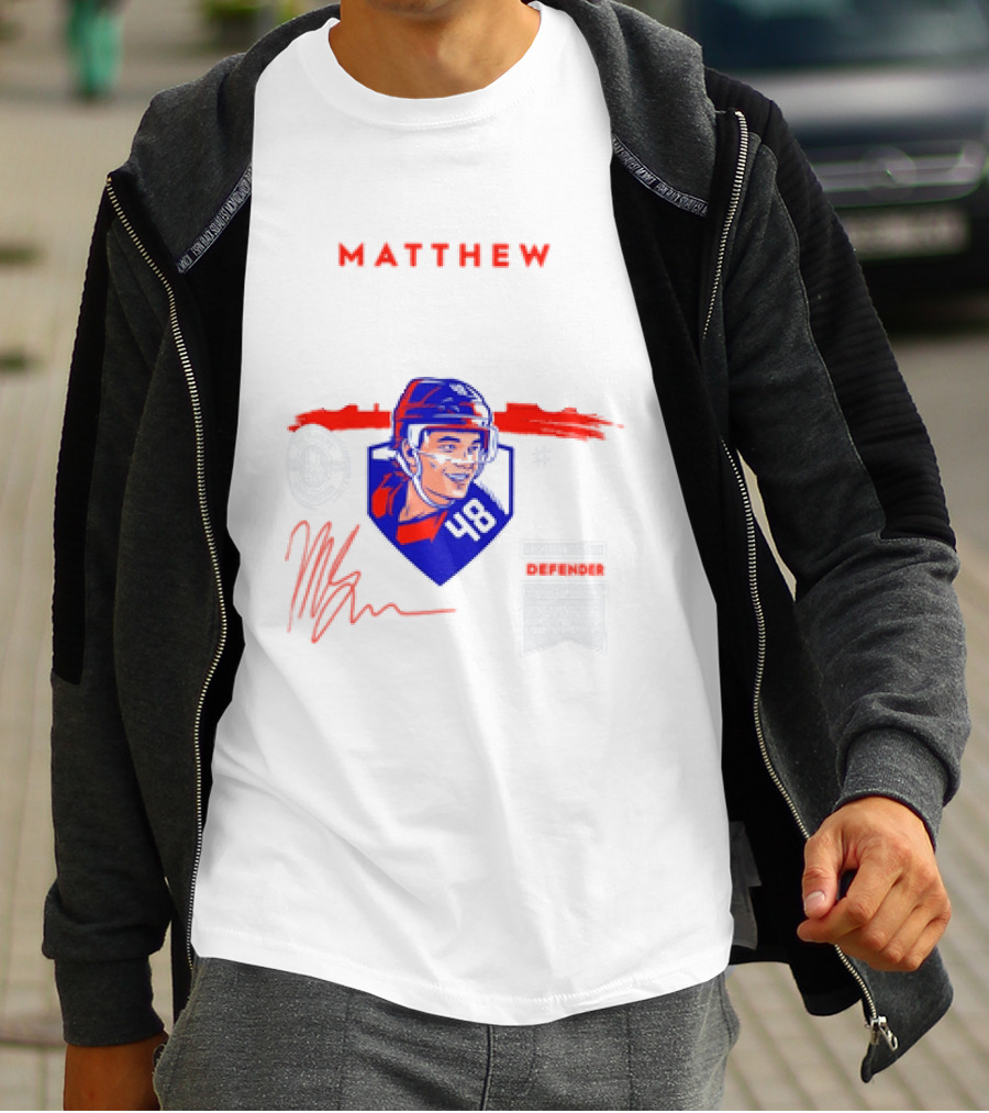 Matthew Schaefer New York Islanders 48 Spotlight Signature Helmets T-Shirt