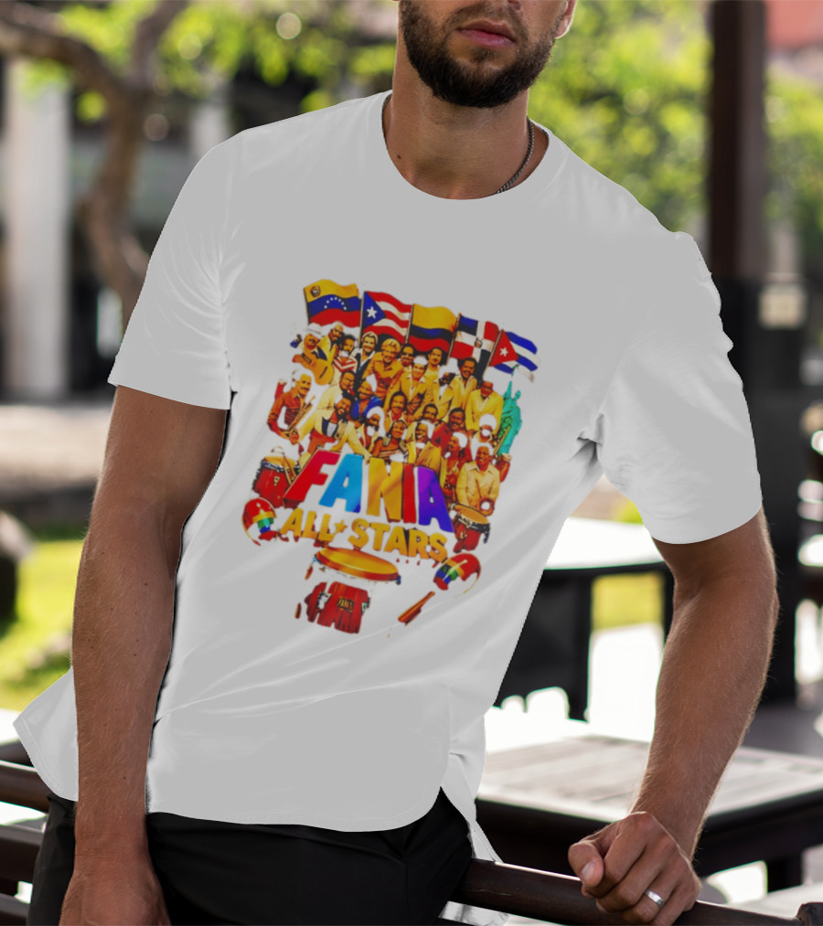 Fania All Stars Band With Colorful Flags And Musical Instruments T-Shirt