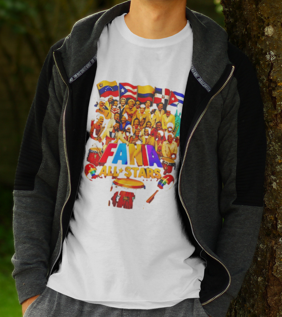 Fania All Stars Band With Colorful Flags And Musical Instruments T-Shirt