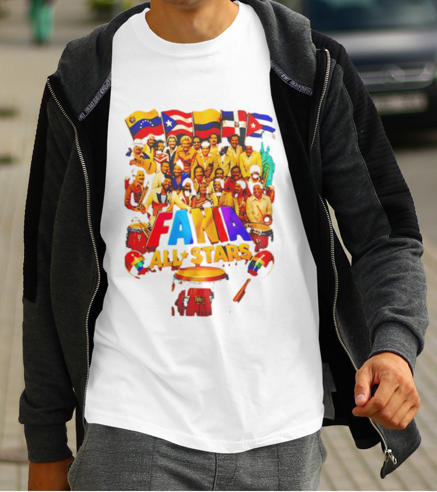 Fania All Stars Band With Colorful Flags And Musical Instruments T-Shirt