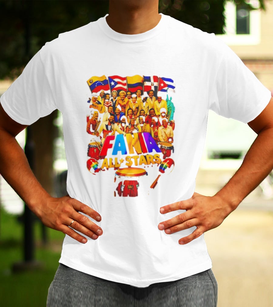 Fania All Stars Band With Colorful Flags And Musical Instruments T-Shirt