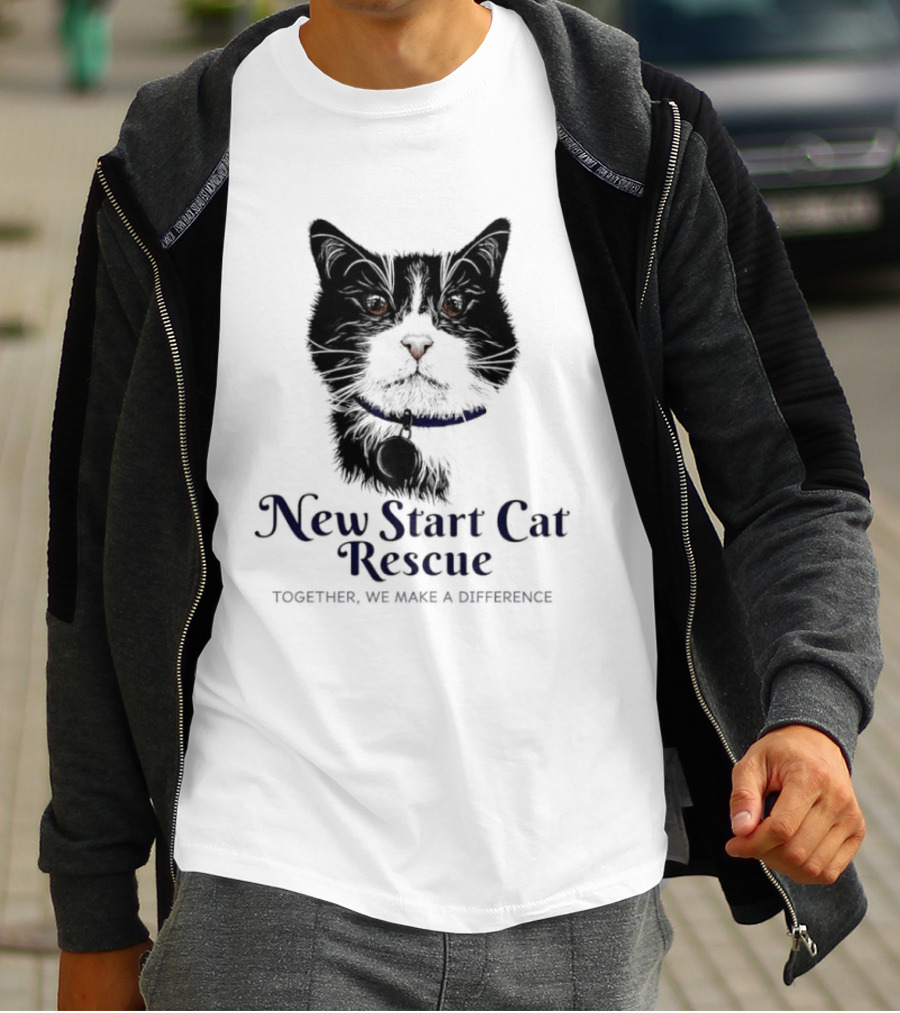 New Start Cat Rescue Together We Make A Difference Black And White Cat T-Shirt