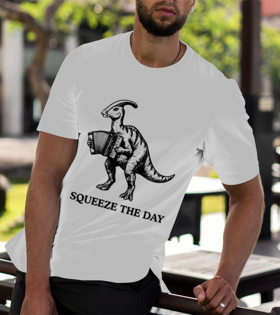 Parasaurolophus Squeeze The Day Playing Accordion T-Shirt