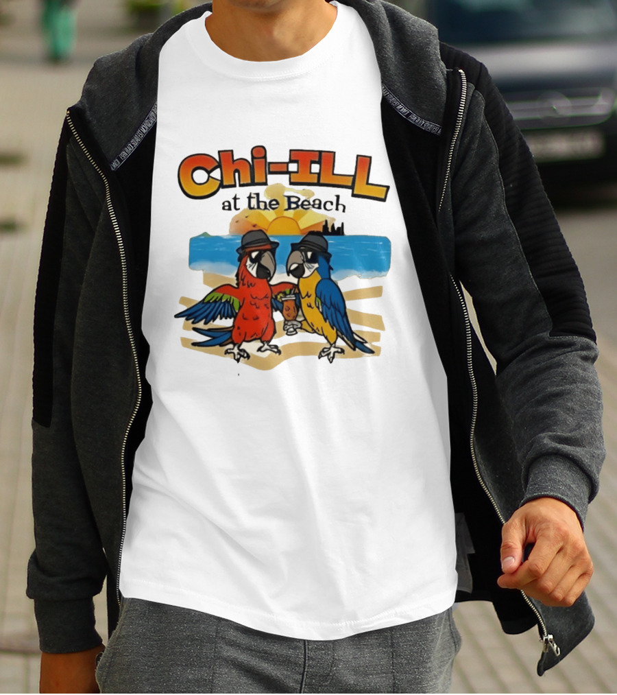 Chi ILL At The Beach Parrots With Hats And Sunset Scene T-Shirt