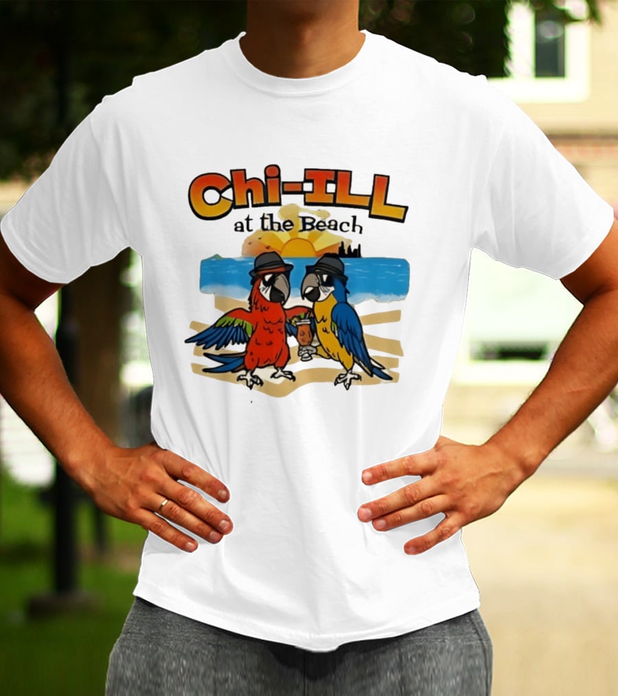 Chi ILL At The Beach Parrots With Hats And Sunset Scene T-Shirt