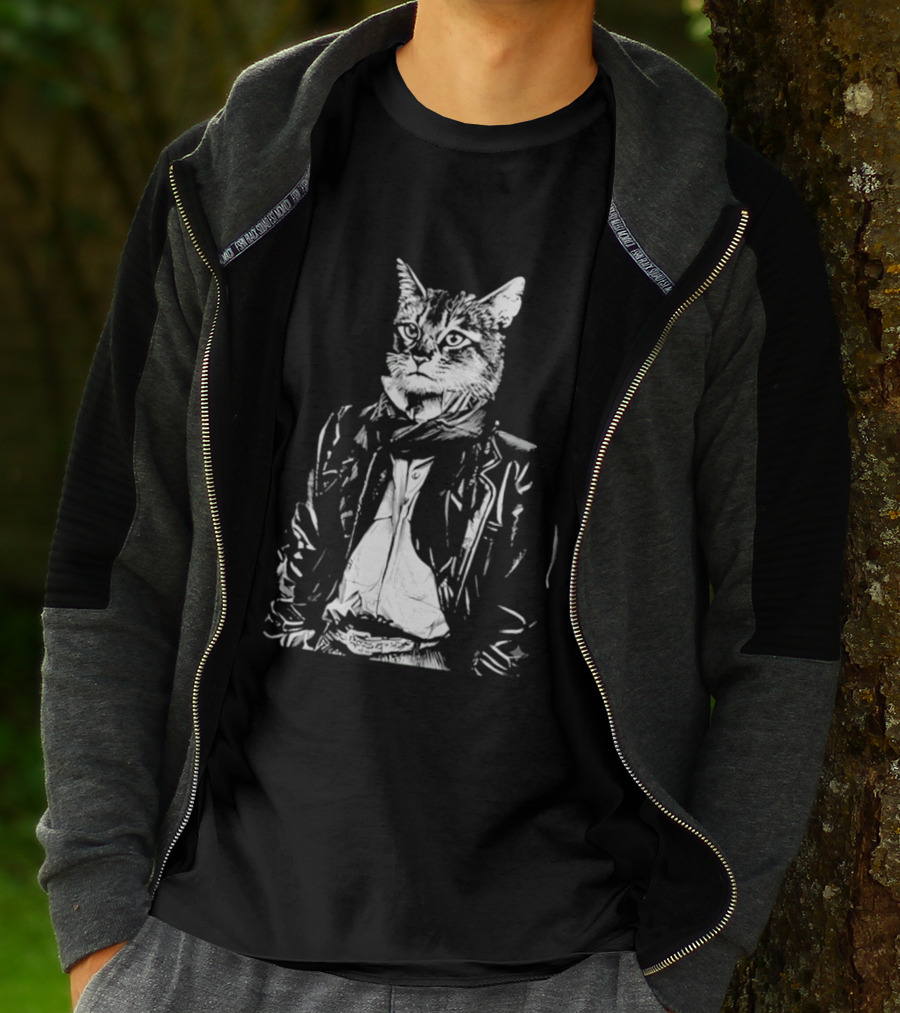 Cat They Only Come Out At Night Cool Cat In Leather Jacket T-Shirt