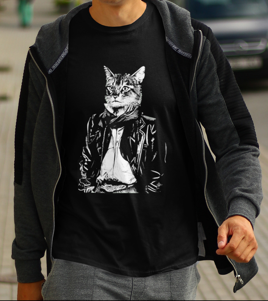 Cat They Only Come Out At Night Cool Cat In Leather Jacket T-Shirt