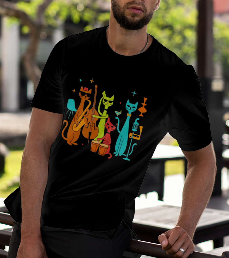 Jazz Cat Quartet Playing Instruments Bass Bongo Trumpet Martini T-Shirt