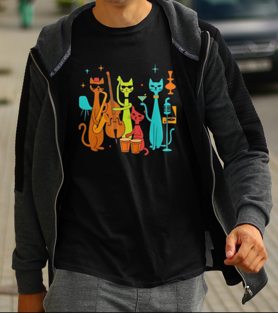 Jazz Cat Quartet Playing Instruments Bass Bongo Trumpet Martini T-Shirt