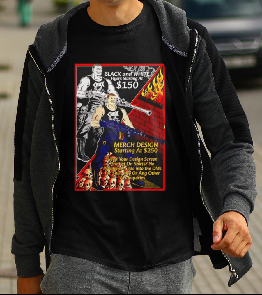 Crux Black And White Flyers And Merch Services Skulls And Flames Promo T-Shirt
