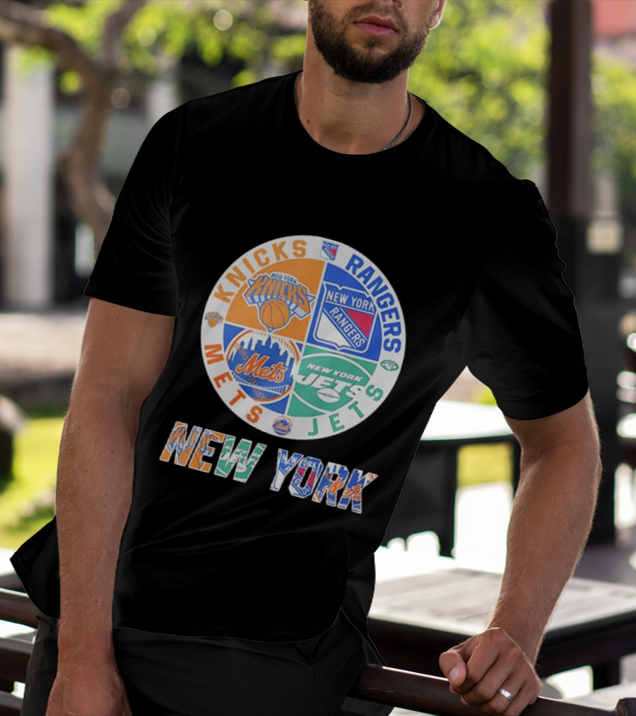 New York Knicks Rangers Mets Jets Fan Logos NY Sports Team Circle T-Shirt