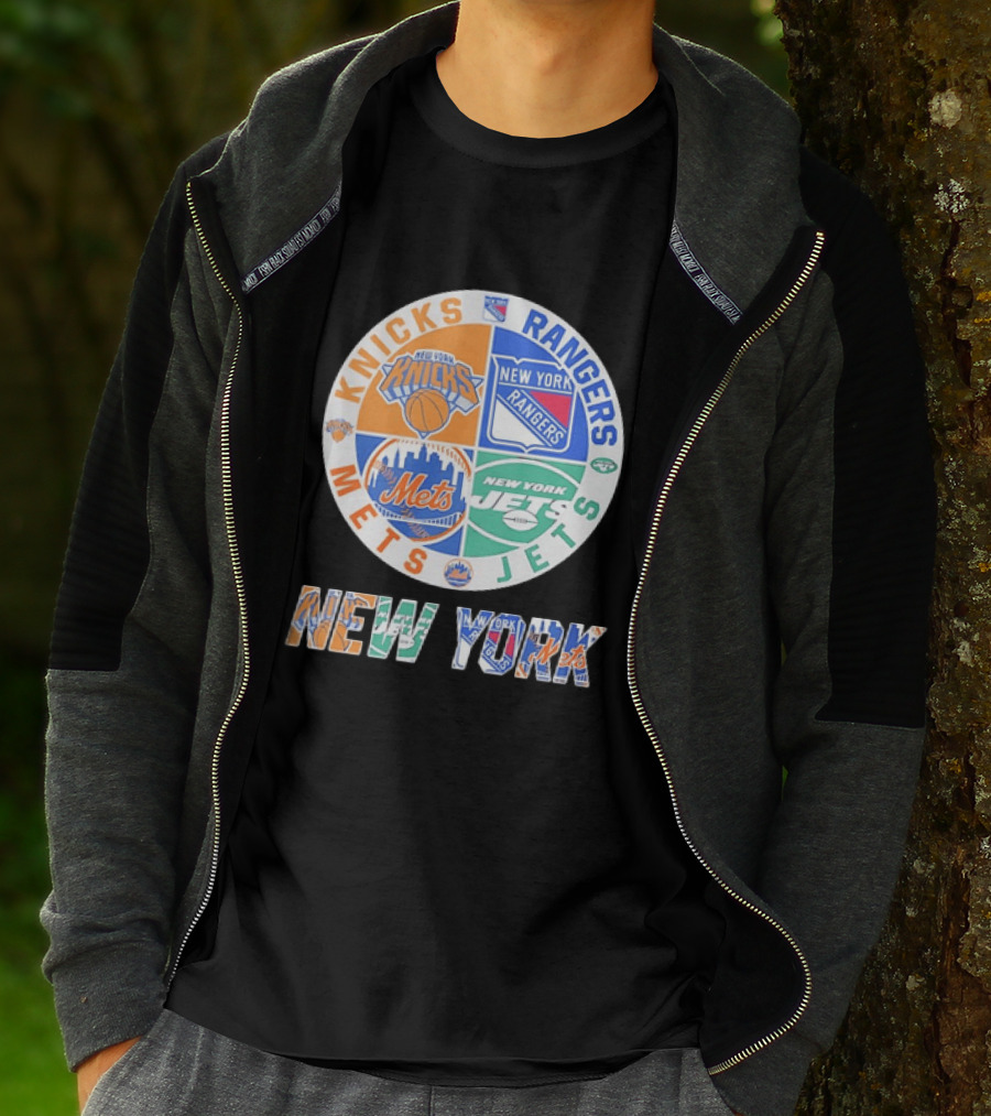 New York Knicks Rangers Mets Jets Fan Logos NY Sports Team Circle T-Shirt