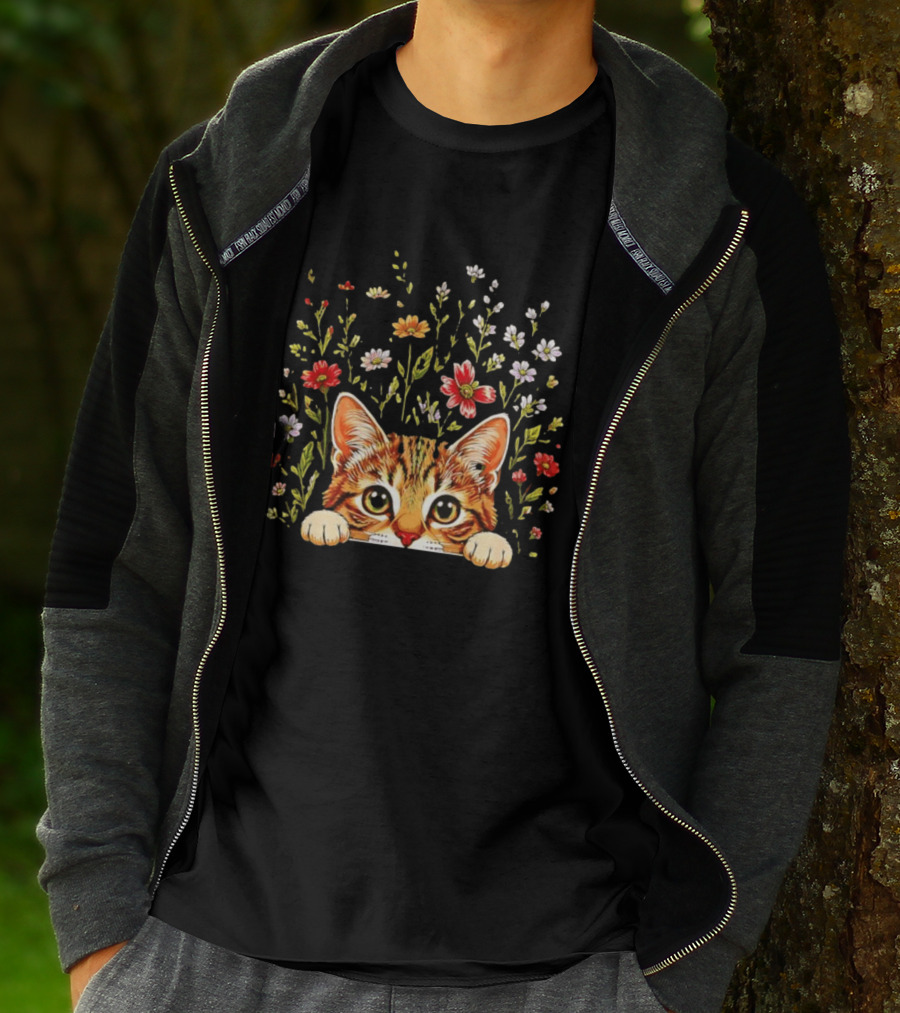 Tabby Kitten Head Through Wildflowers Florals T-Shirt