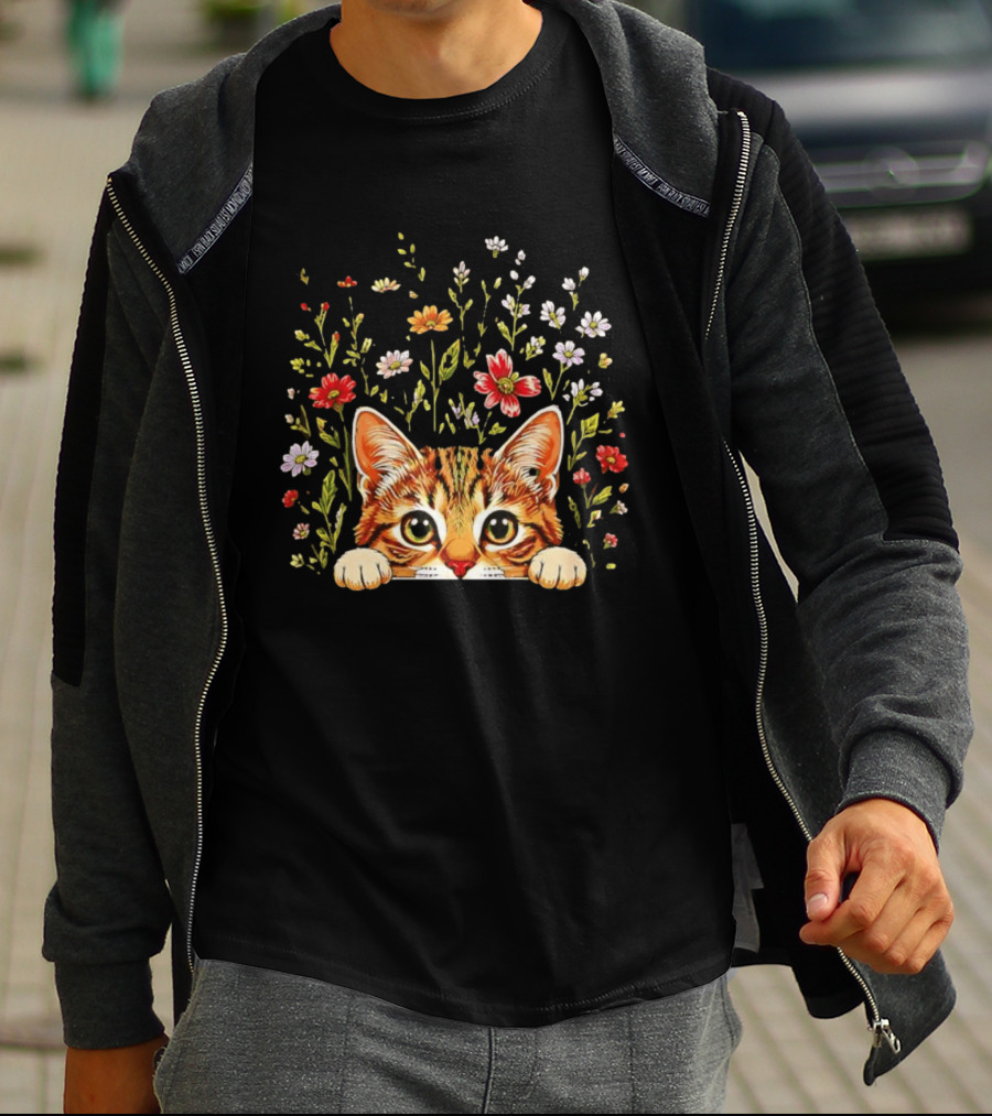 Tabby Kitten Head Through Wildflowers Florals T-Shirt