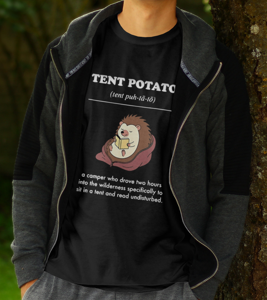 TENT POTATO Hedgehog Reading Camper Wilderness Tent Adventure T-Shirt