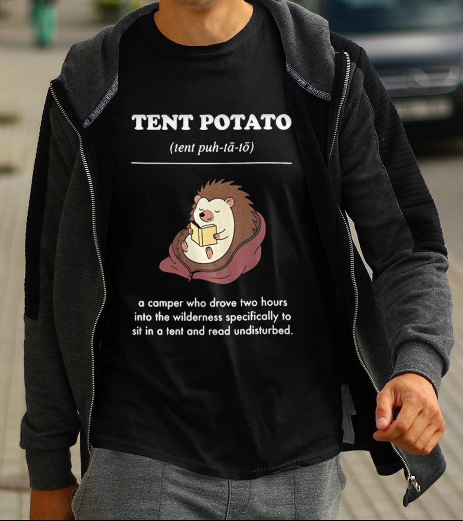 TENT POTATO Hedgehog Reading Camper Wilderness Tent Adventure T-Shirt