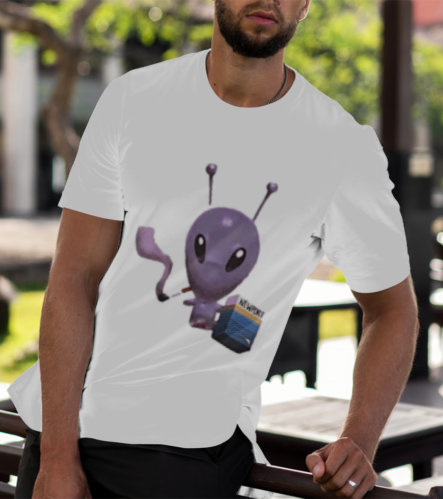 Alien Holding Newport Cigarette Pack Smoking Space Travel T-Shirt