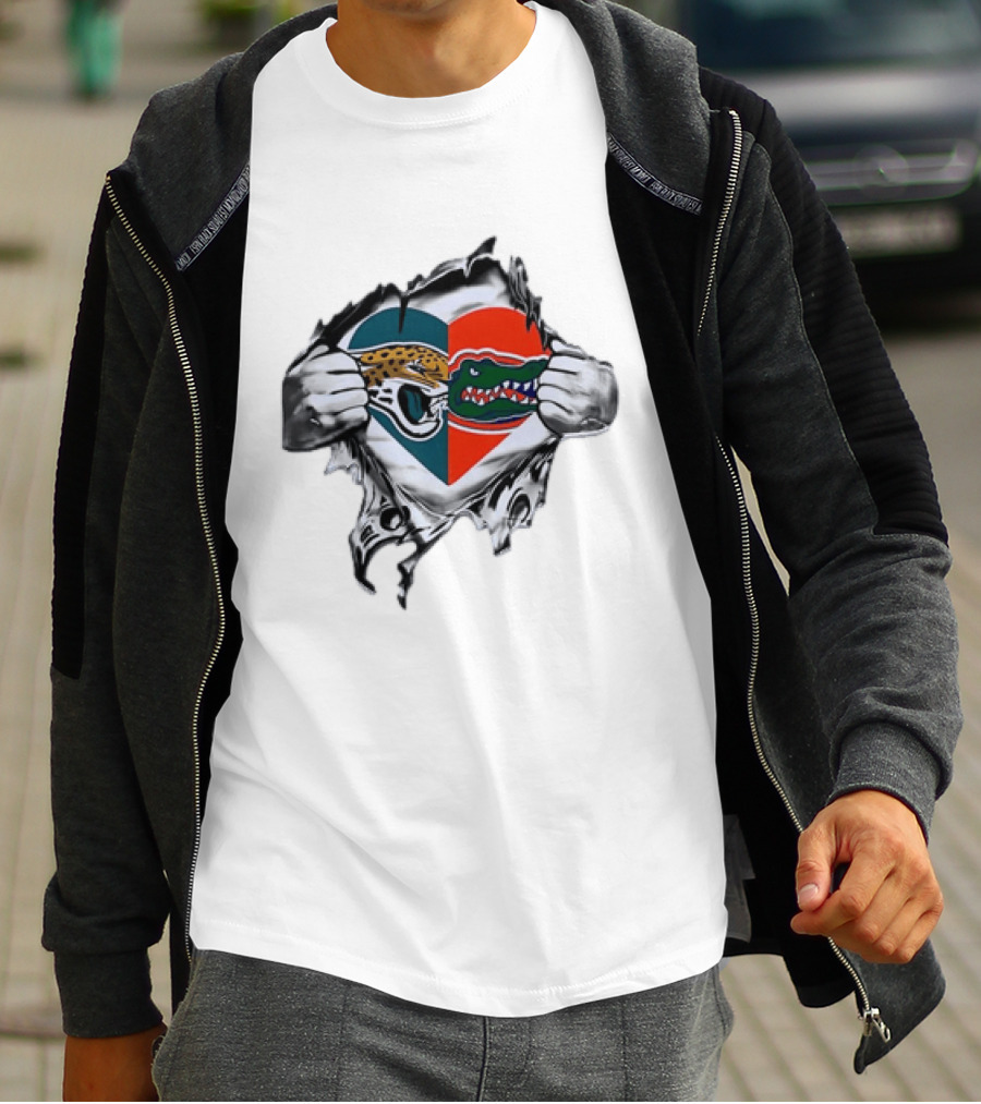 Heart Jacksonville Jaguars Florida Gators Ripped Chest T-Shirt