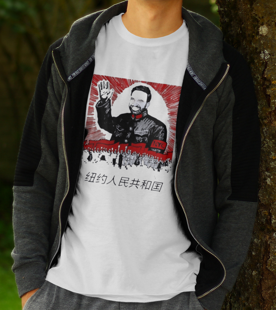 People's Republic Of NYC Bearded Man Waving With NYC Arm Patch And Red T-Shirt