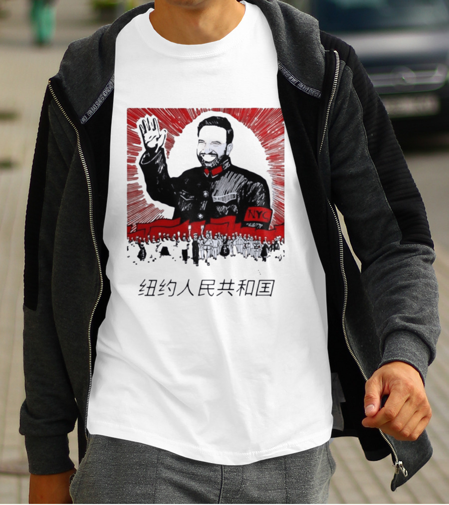 People's Republic Of NYC Bearded Man Waving With NYC Arm Patch And Red T-Shirt