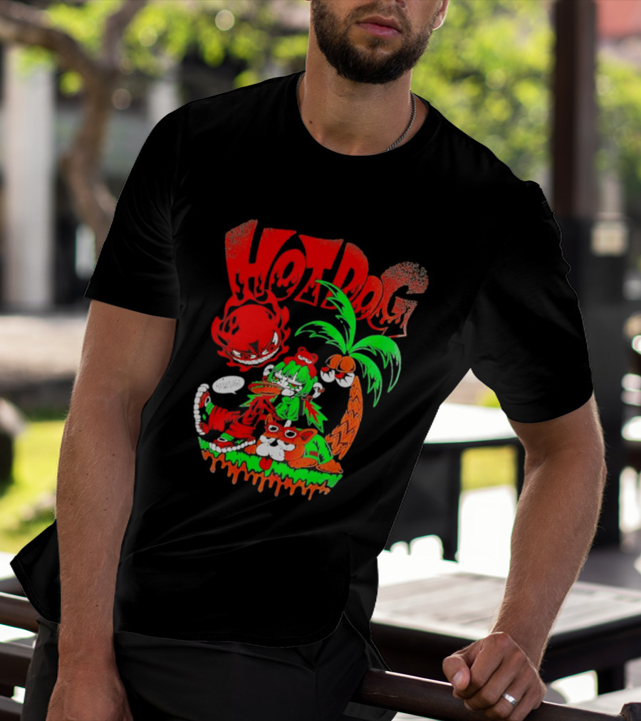 Hotdog Atsusugi Girl With Bear Hat And Dog Under Palm Tree T-Shirt