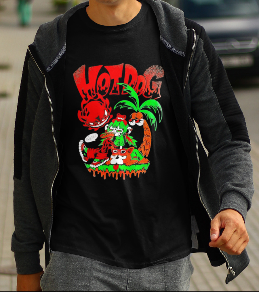 Hotdog Atsusugi Girl With Bear Hat And Dog Under Palm Tree T-Shirt
