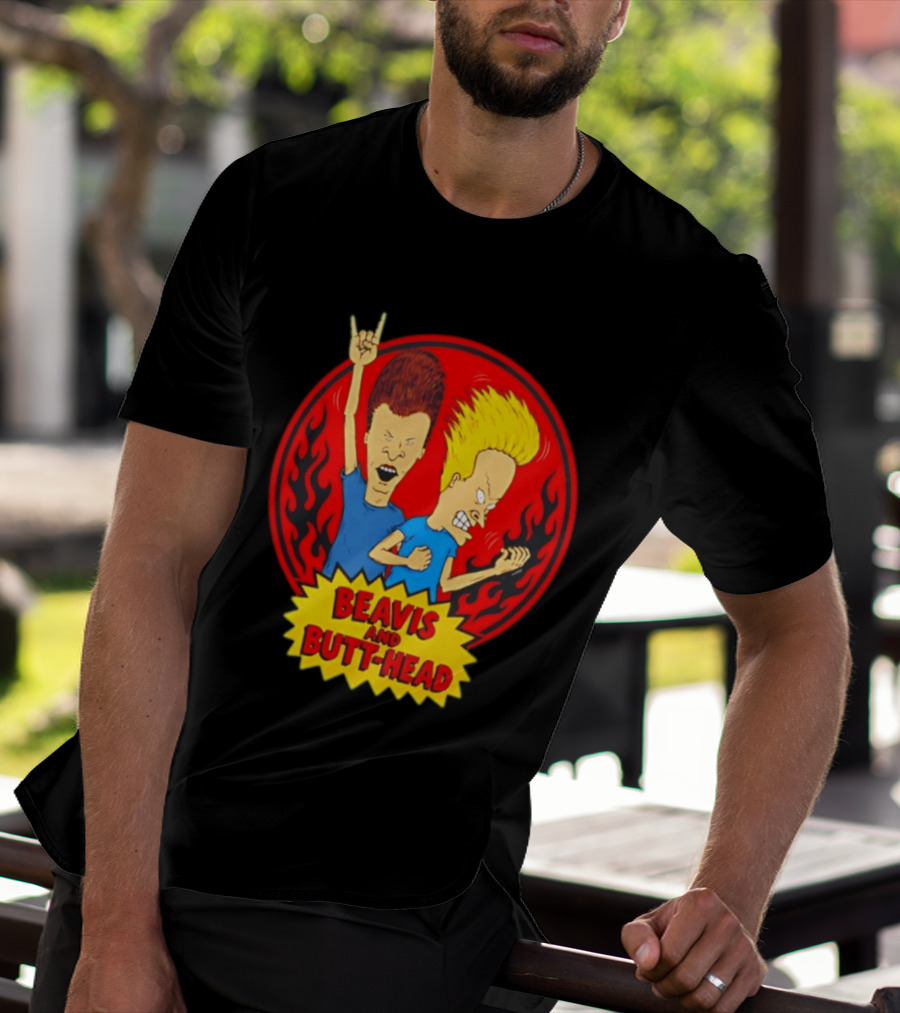 Beavis And Butt Head Rocking Out Flames Circle T-Shirt