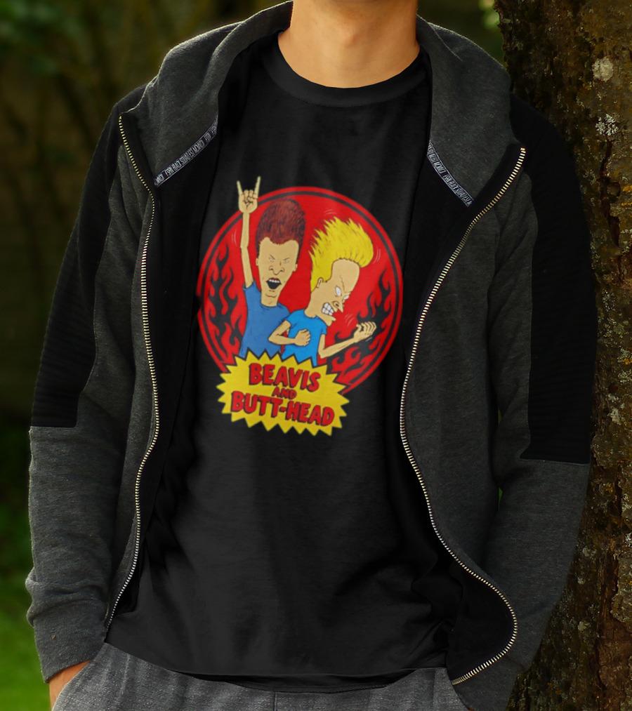 Beavis And Butt Head Rocking Out Flames Circle T-Shirt