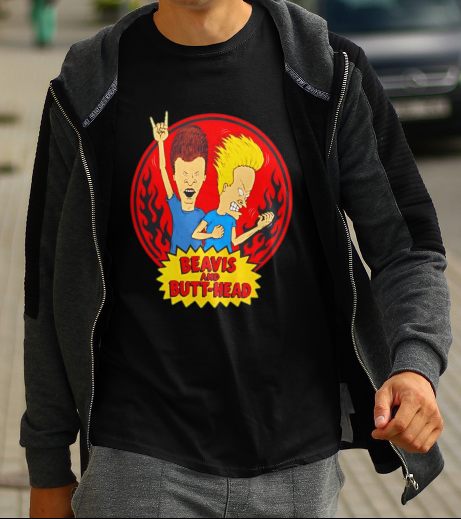 Beavis And Butt Head Rocking Out Flames Circle T-Shirt