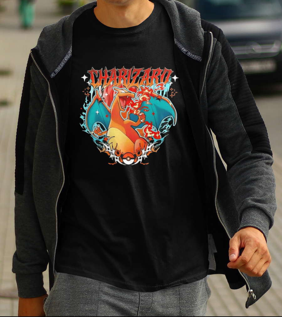 Charizard Pokemon CHARIZARO Fire Dragon With Pokeball And Flames T-Shirt