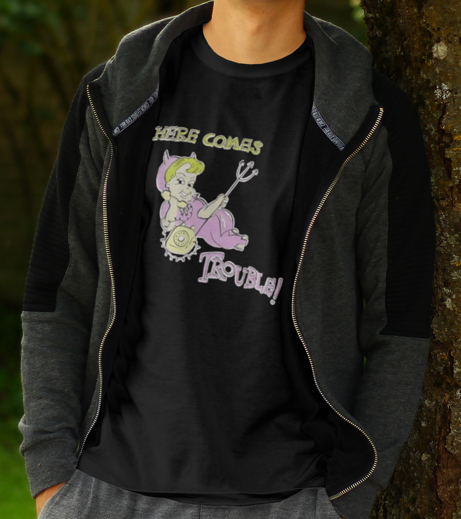 Here Comes Trouble Devil Baby With Pitchfork And Telephone T-Shirt